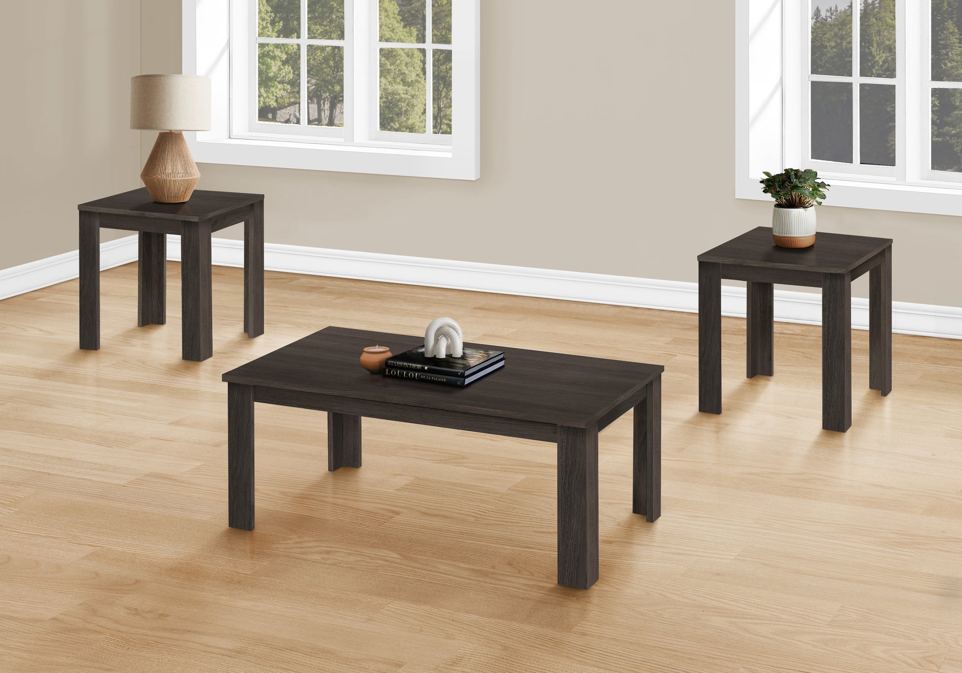 Dark wood rectangular coffee table with decorative items