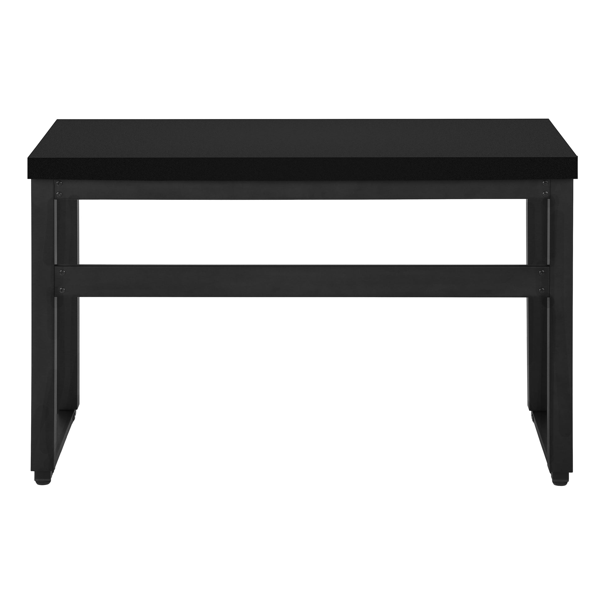 Black metal writing desk with textured laminate top and industrial frame design