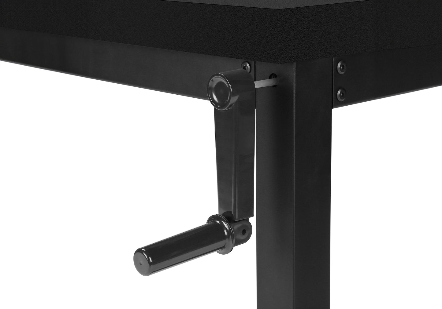 Black crank handle mechanism detail on adjustable standing desk frame