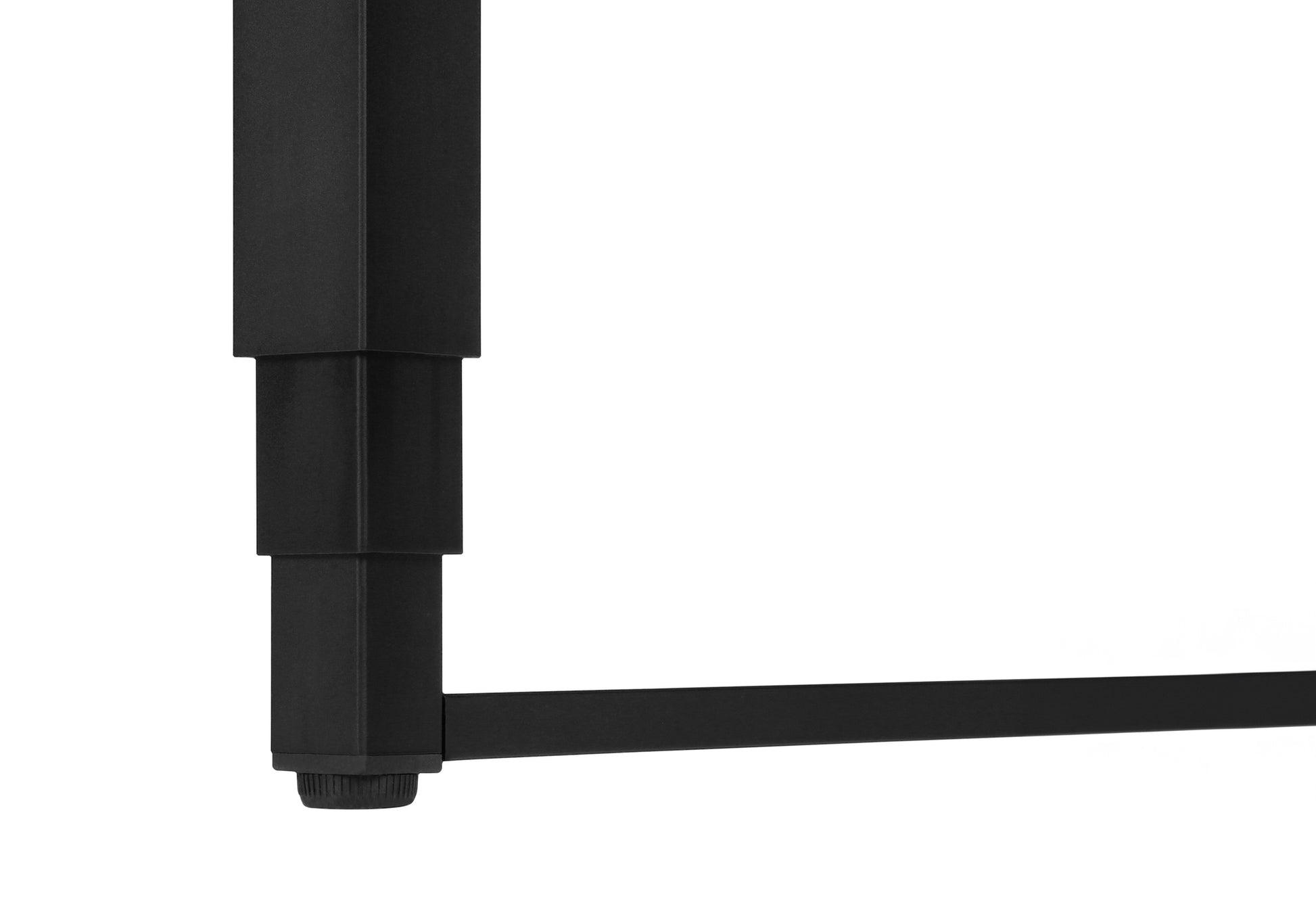 Black adjustable desk leg with leveling foot detail
