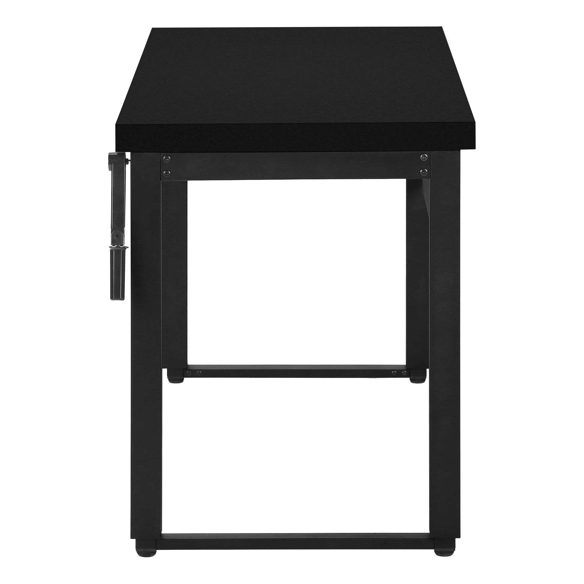 Sleek black desk with a textured top and sturdy metal frame featuring a side crank adjustment