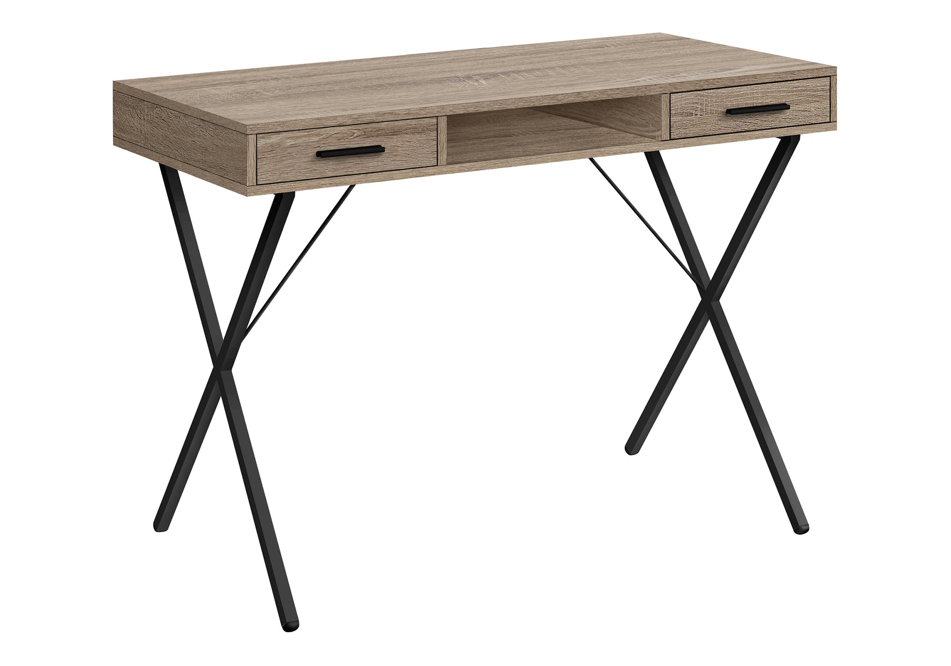 Modern oak writing desk with black metal legs and two drawers