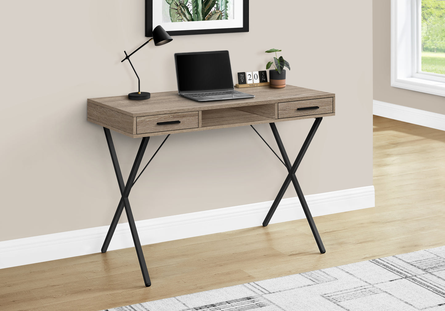 Modern oak wood and black metal desk with two drawers and a laptop
