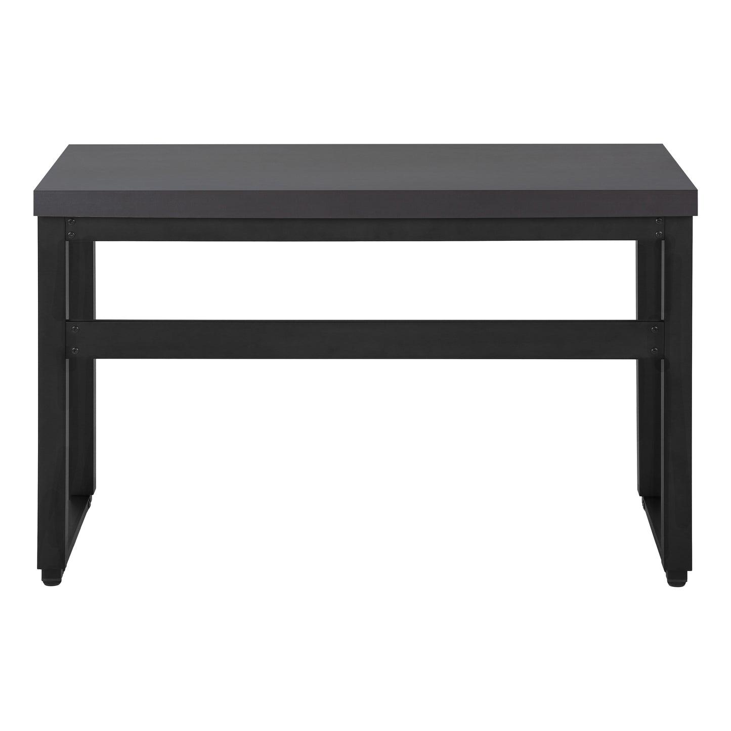 Dark gray metal desk with black frame and reinforced legs ideal for home office