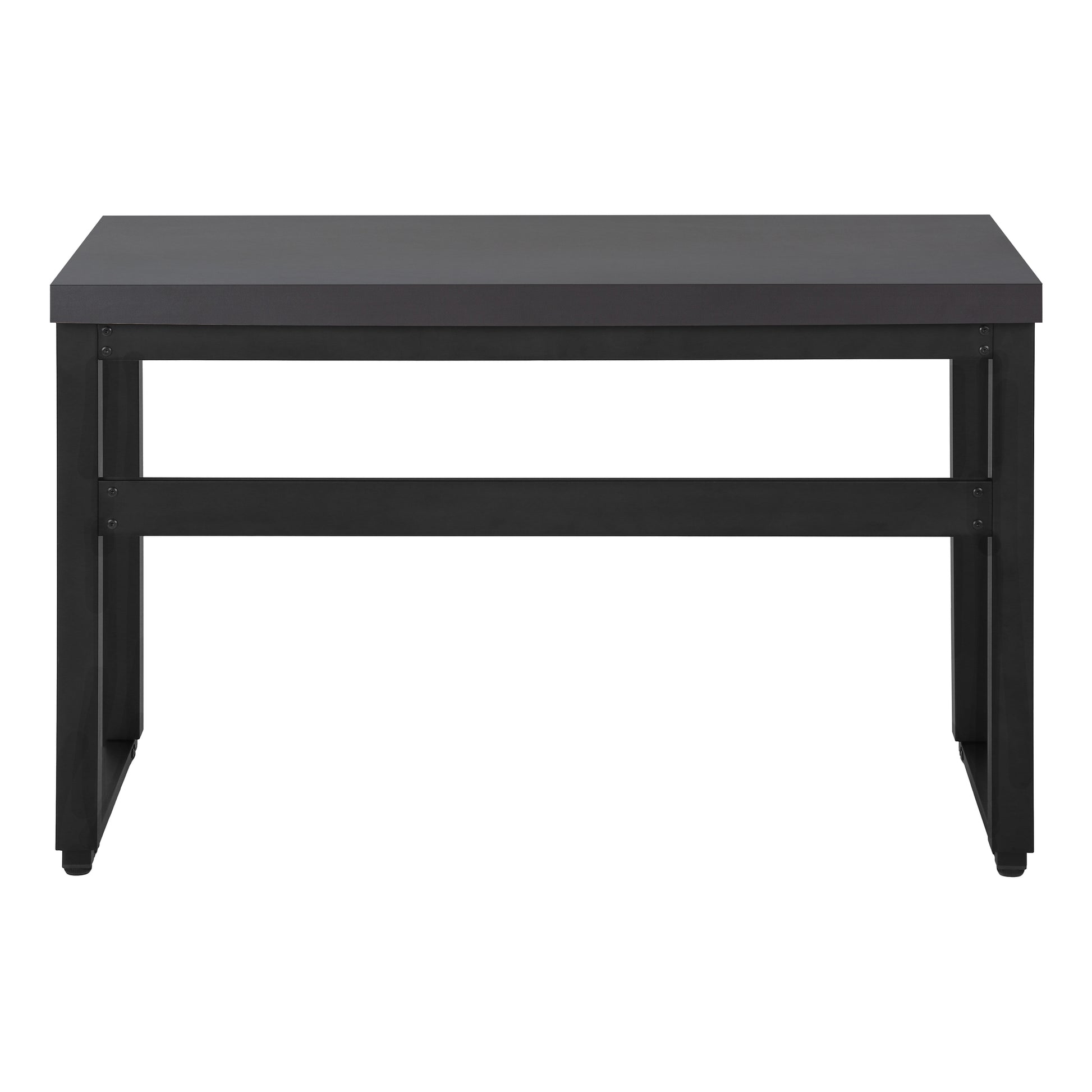 Dark gray metal desk with black frame and reinforced legs ideal for home office