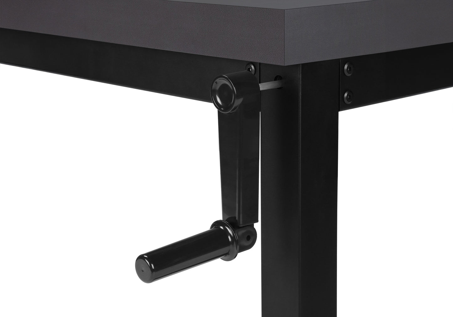 Black crank handle detail on a modern standing desk leg