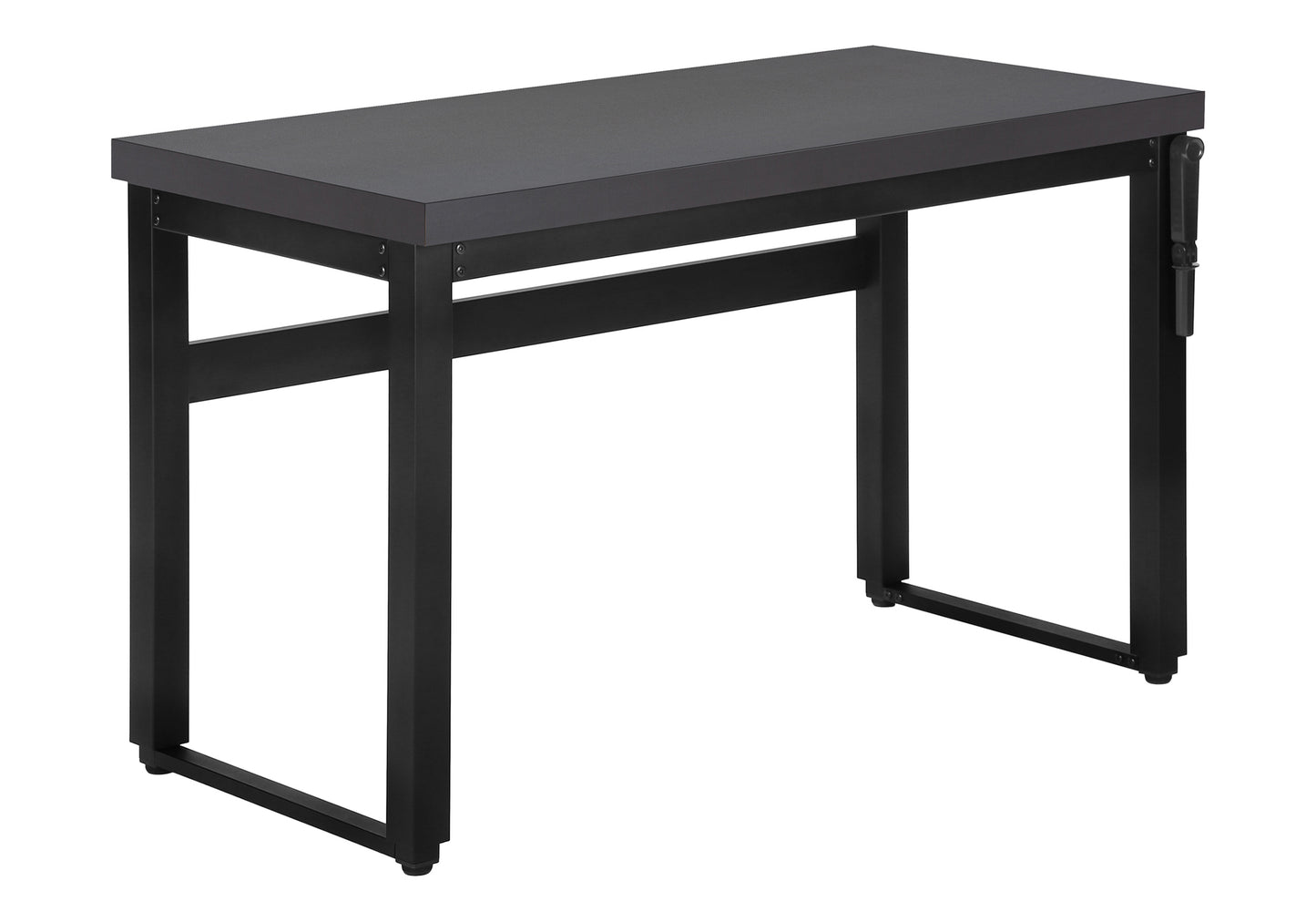 Modern dark gray minimalist desk with black metal frame and adjustable height feature