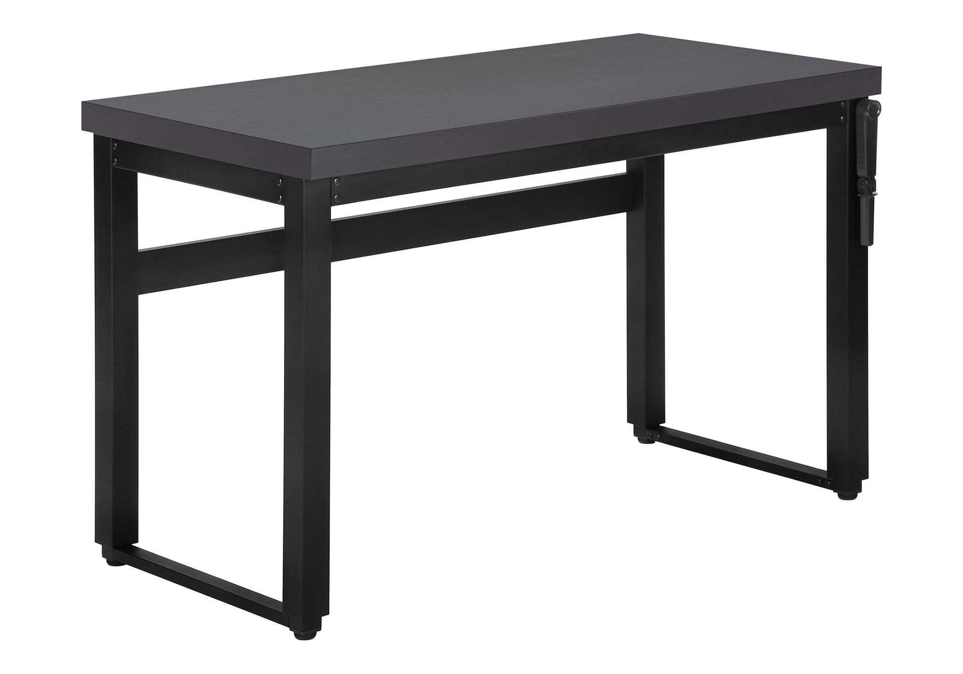 Modern dark gray minimalist desk with black metal frame and adjustable height feature