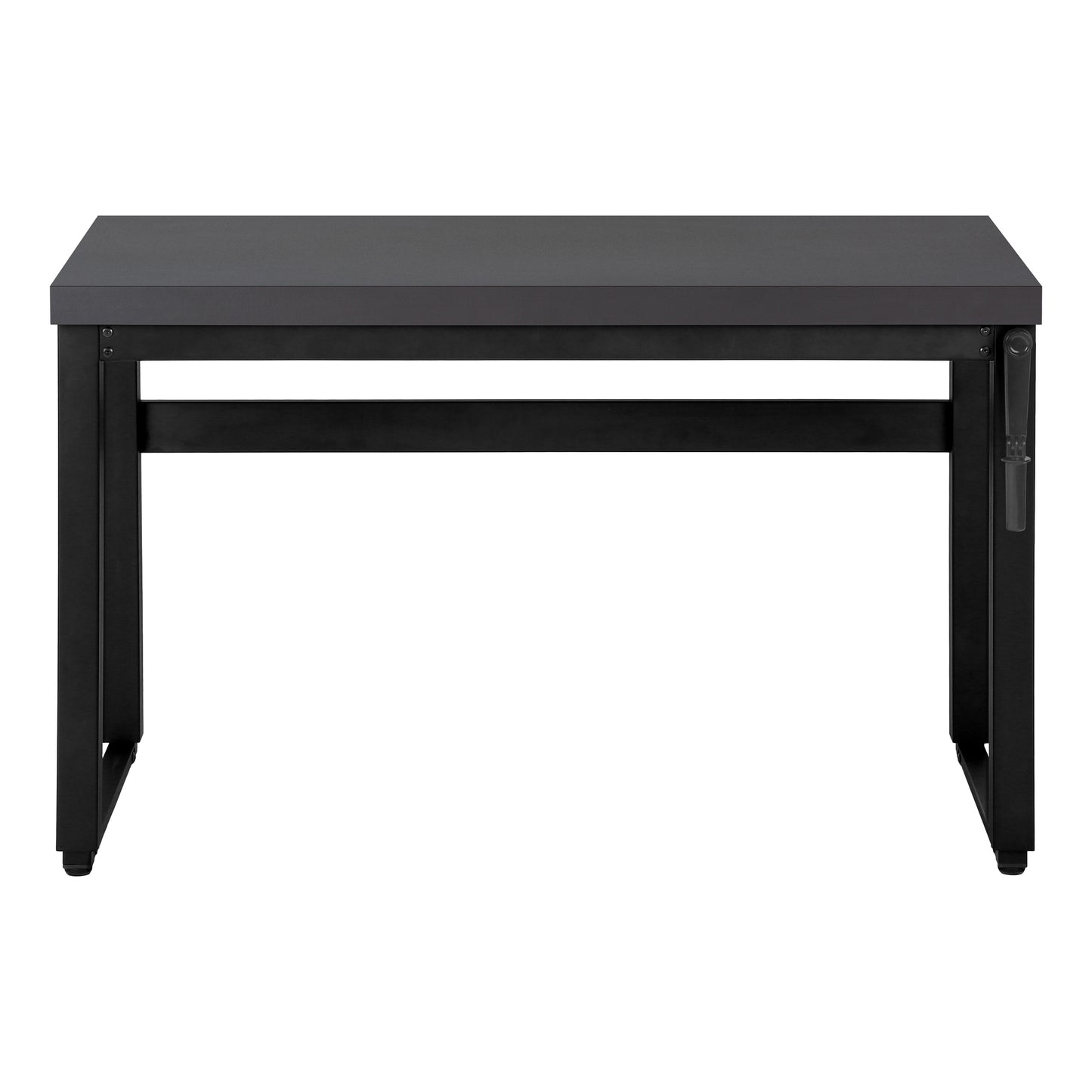 Sleek dark gray writing desk with black metal frame and legs perfect for home office