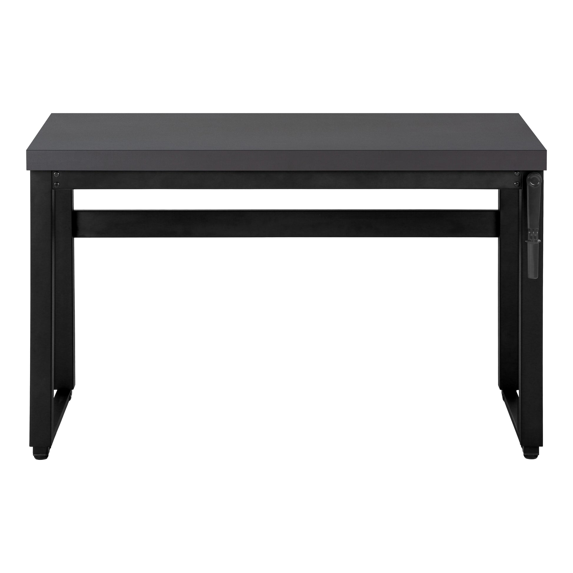 Sleek dark gray writing desk with black metal frame and legs perfect for home office