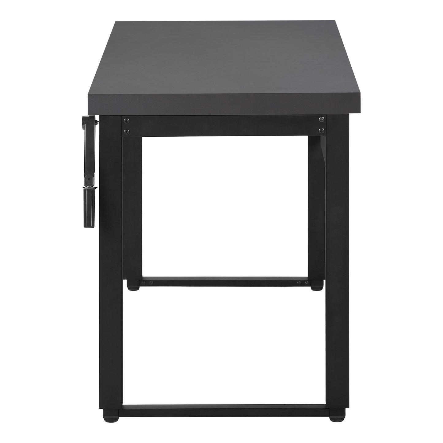 Dark grey standing desk with black metal frame and crank
