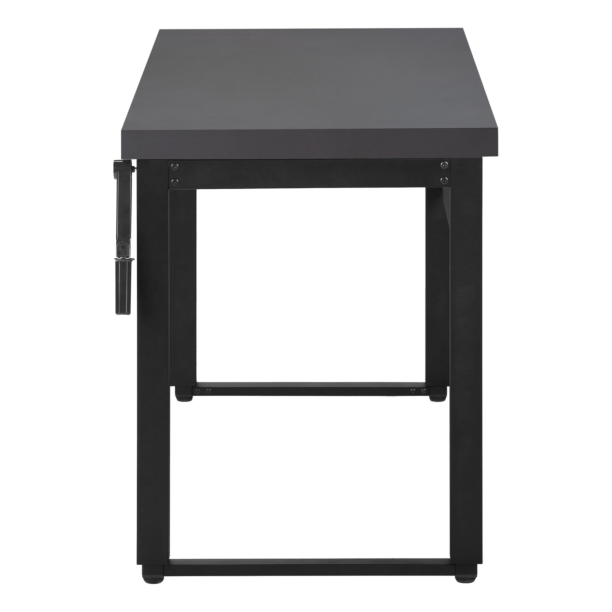 Dark grey standing desk with black metal frame and crank
