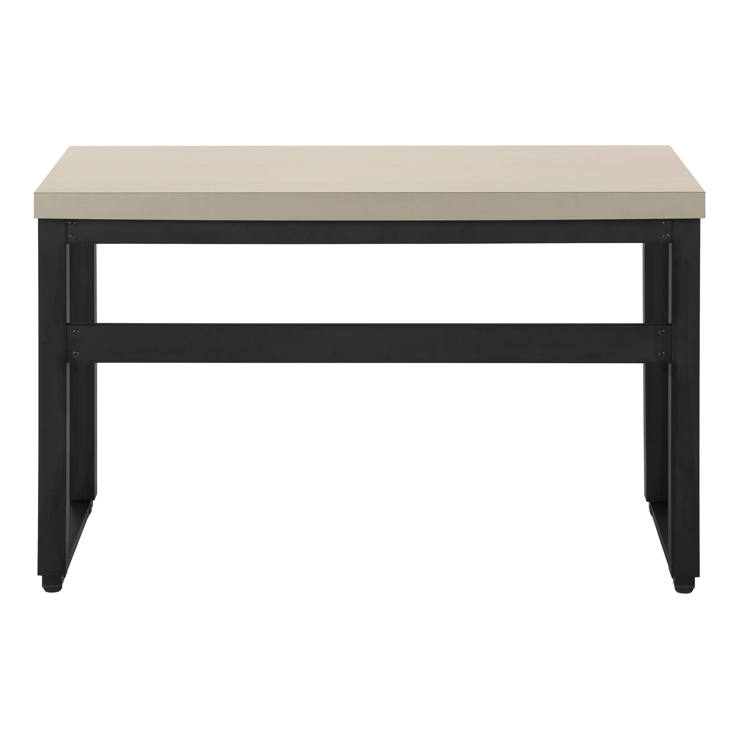 Modern minimalist writing desk with light beige laminate top and black metal frame