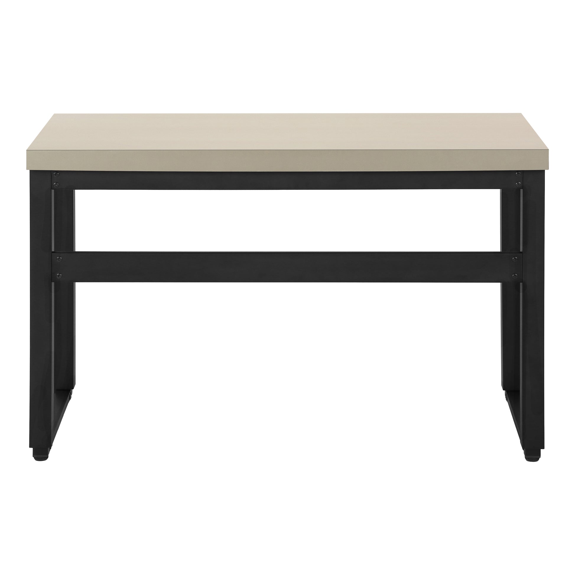 Modern minimalist writing desk with light beige laminate top and black metal frame