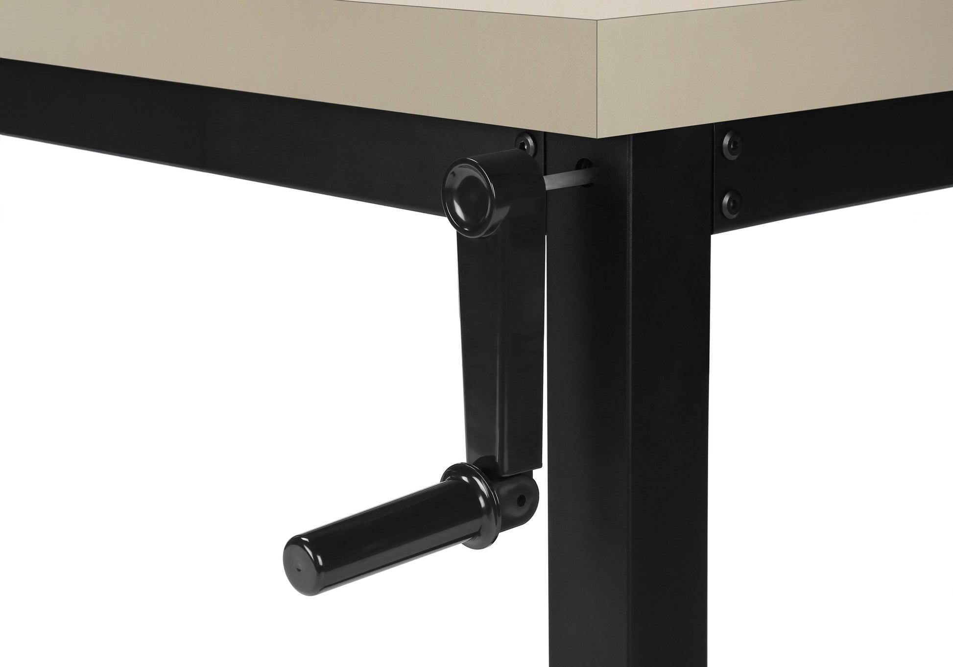 Adjustable height desk with crank mechanism and beige laminate top