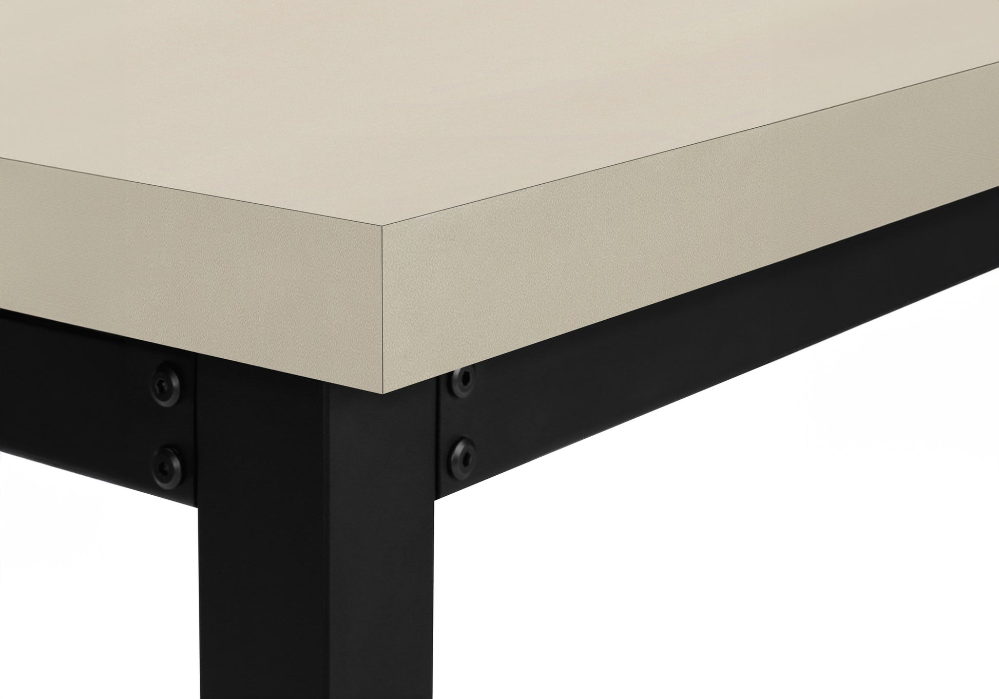 Beige laminate desktop with black metal frame and bolted legs