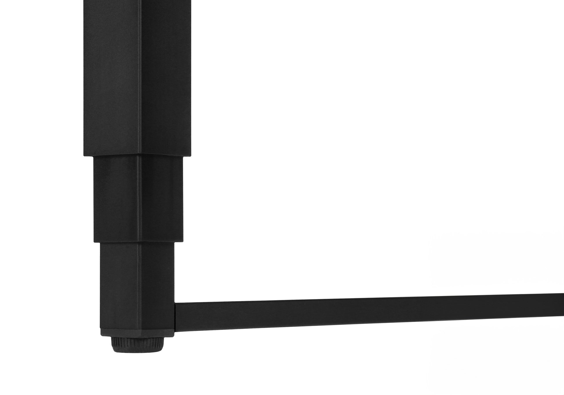 Black metal adjustable desk leg with a telescopic design and threaded foot for stability
