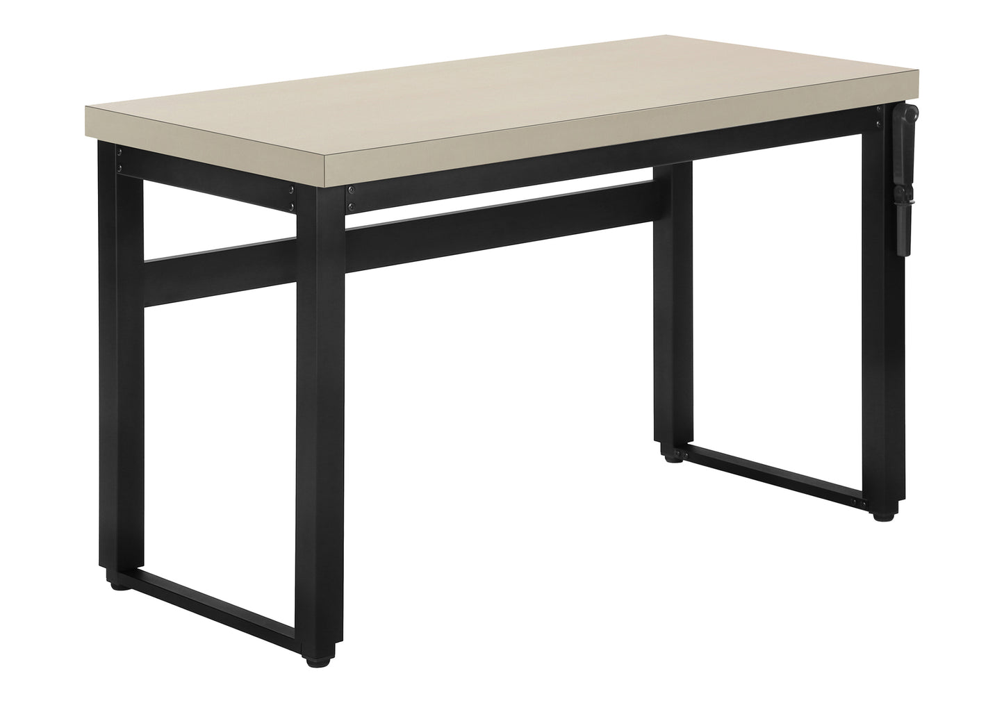 Modern beige desk with black metal frame and industrial design