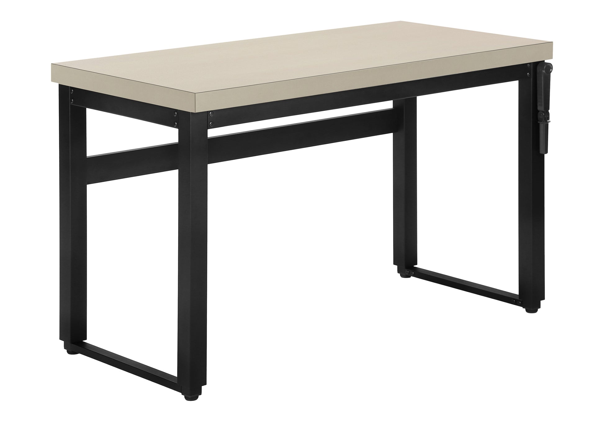 Modern beige desk with black metal frame and industrial design