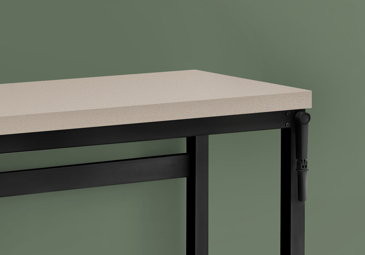 Beige textured tabletop with black metal frame and adjustable leg mechanism