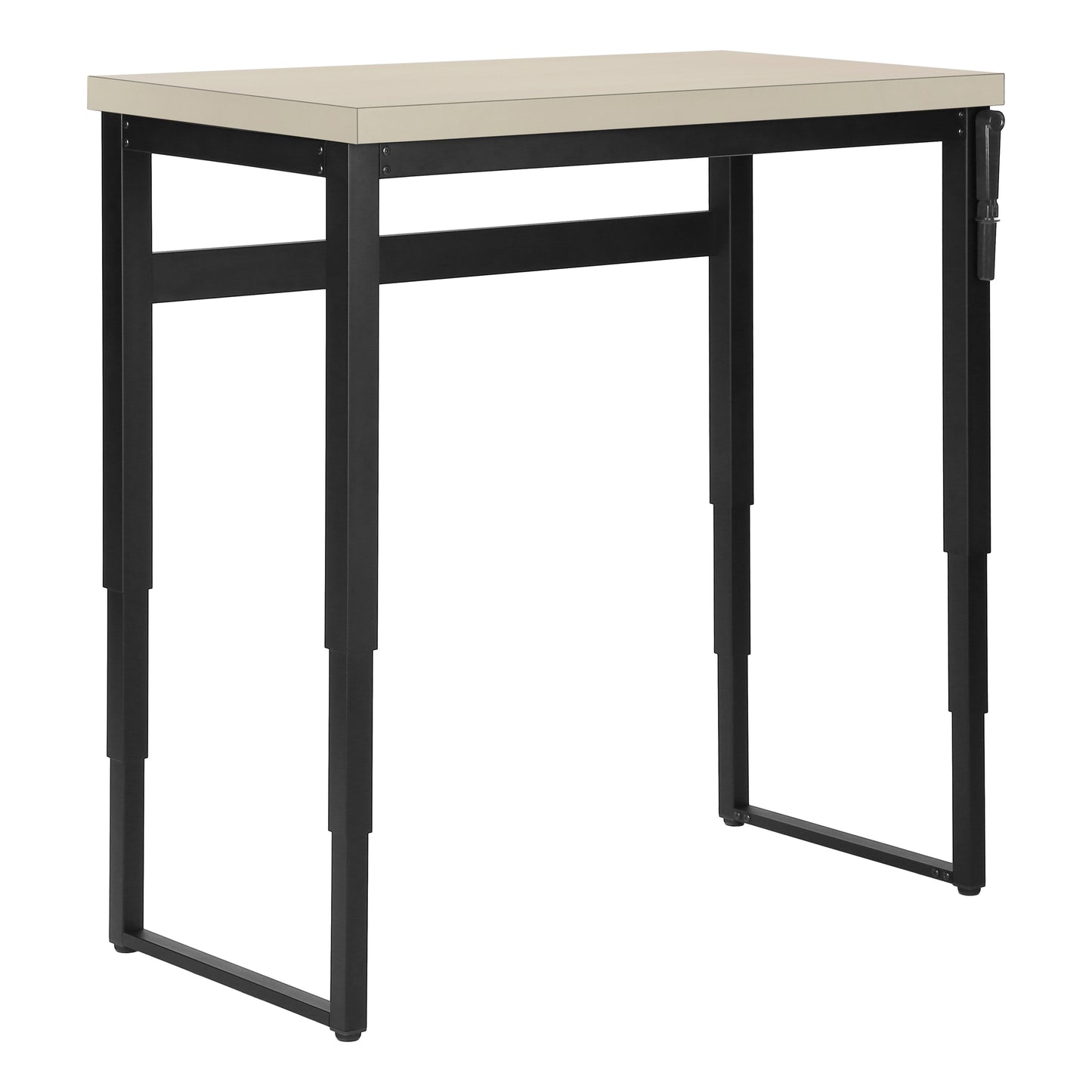Adjustable height standing desk with beige laminate top and black metal frame