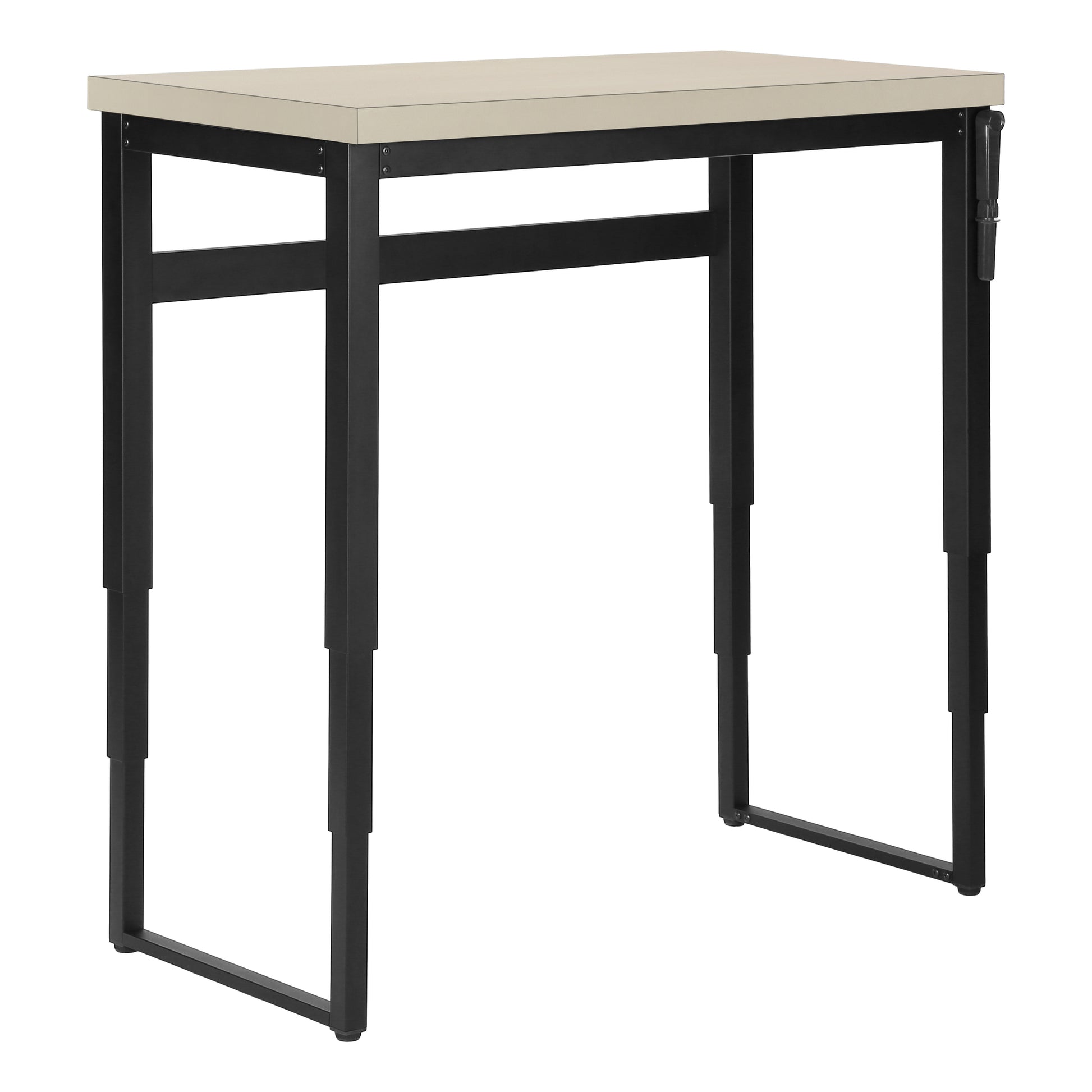 Adjustable height standing desk with beige laminate top and black metal frame