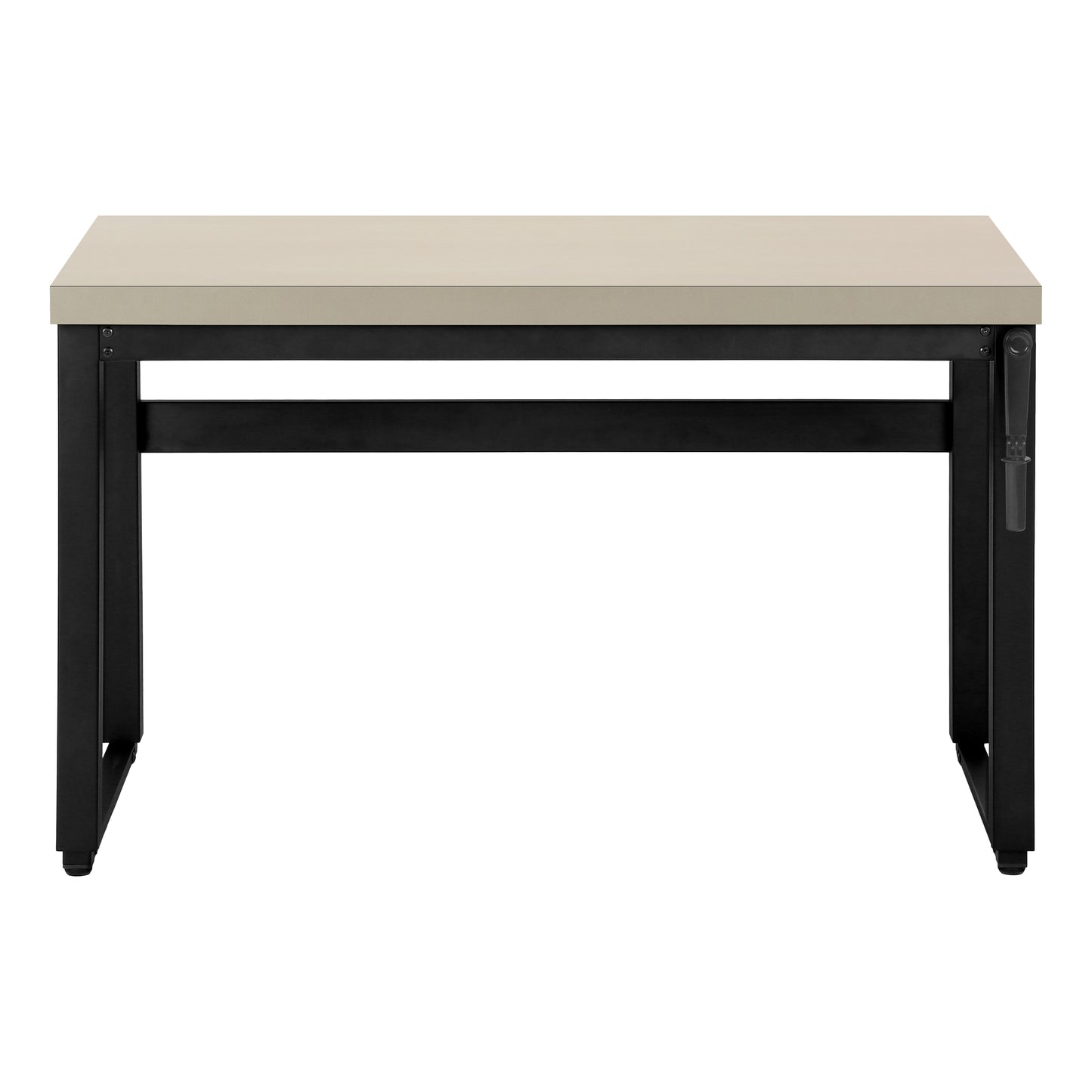 Modern minimalist desk with light beige laminate top and black metal frame