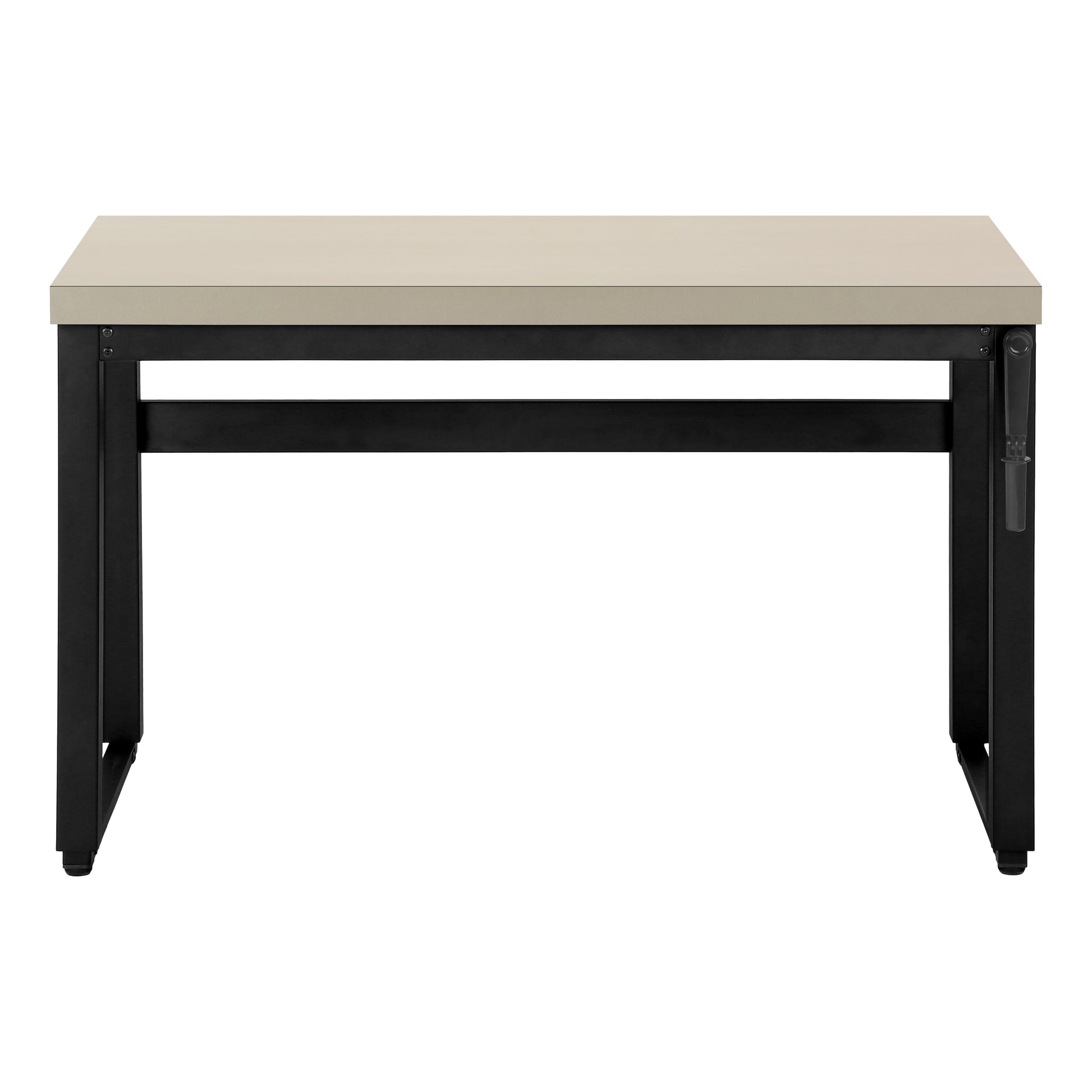 Modern minimalist desk with light beige laminate top and black metal frame