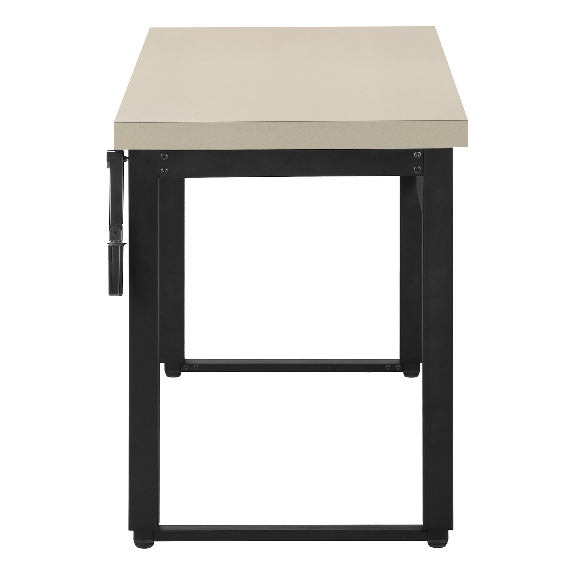 Adjustable height standing desk with a cream laminate top and black metal frame