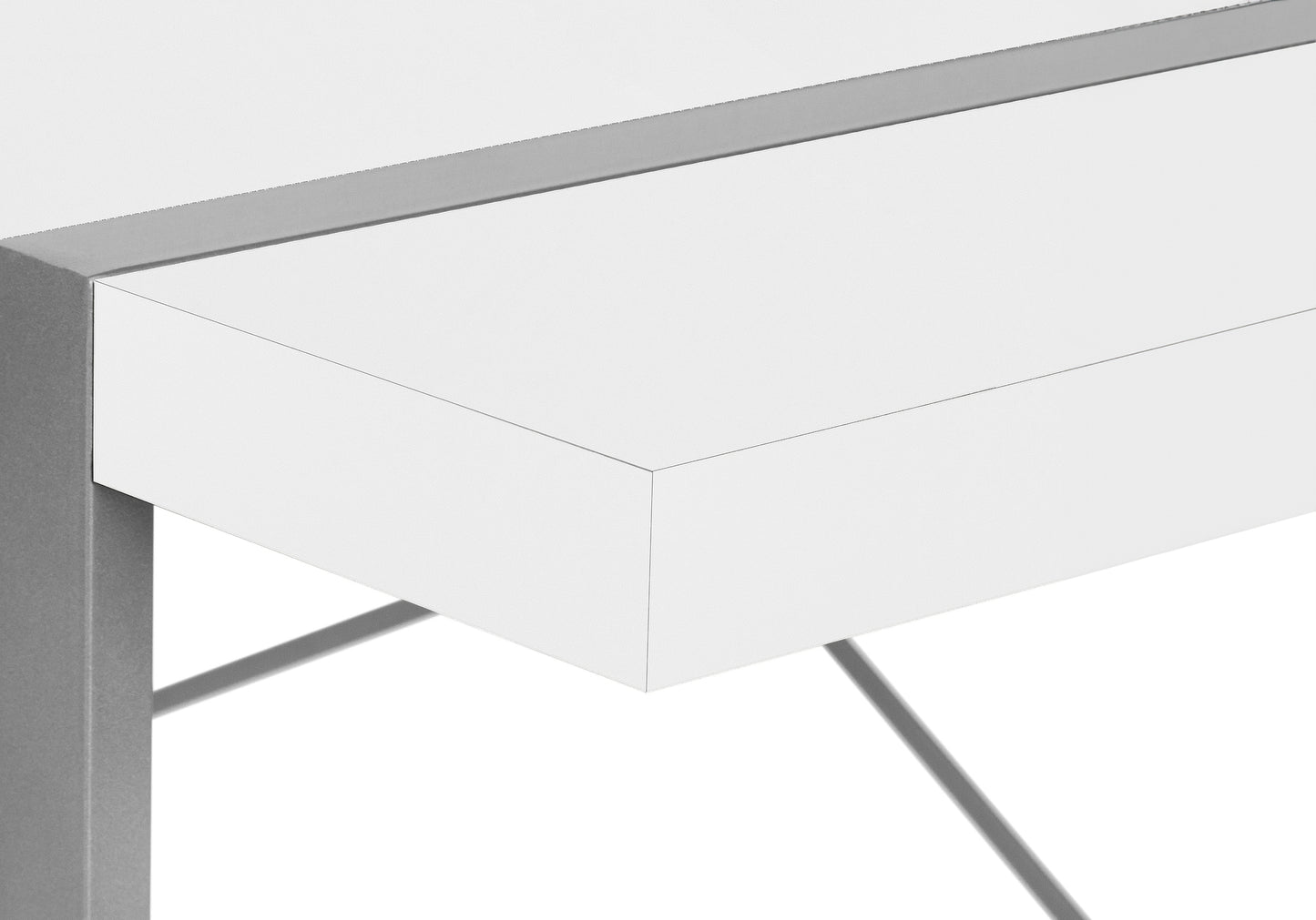 Clean white desk with sleek silver metal frame and legs modern minimalist design