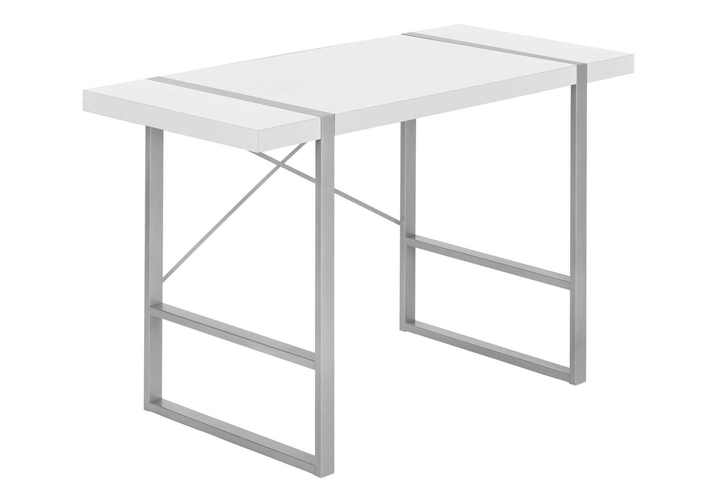 Sleek white modern desk with silver metal frame and minimalist design ideal for home offices
