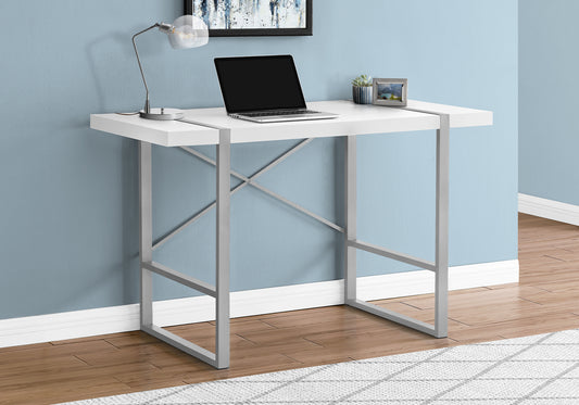 Modern white desk with silver metal frame ideal for home office use