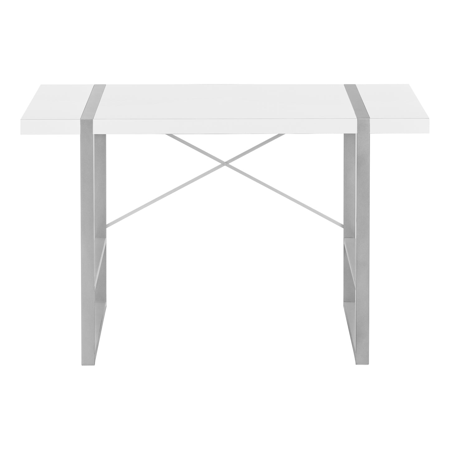 Modern white desk with silver metal legs and cross bracing