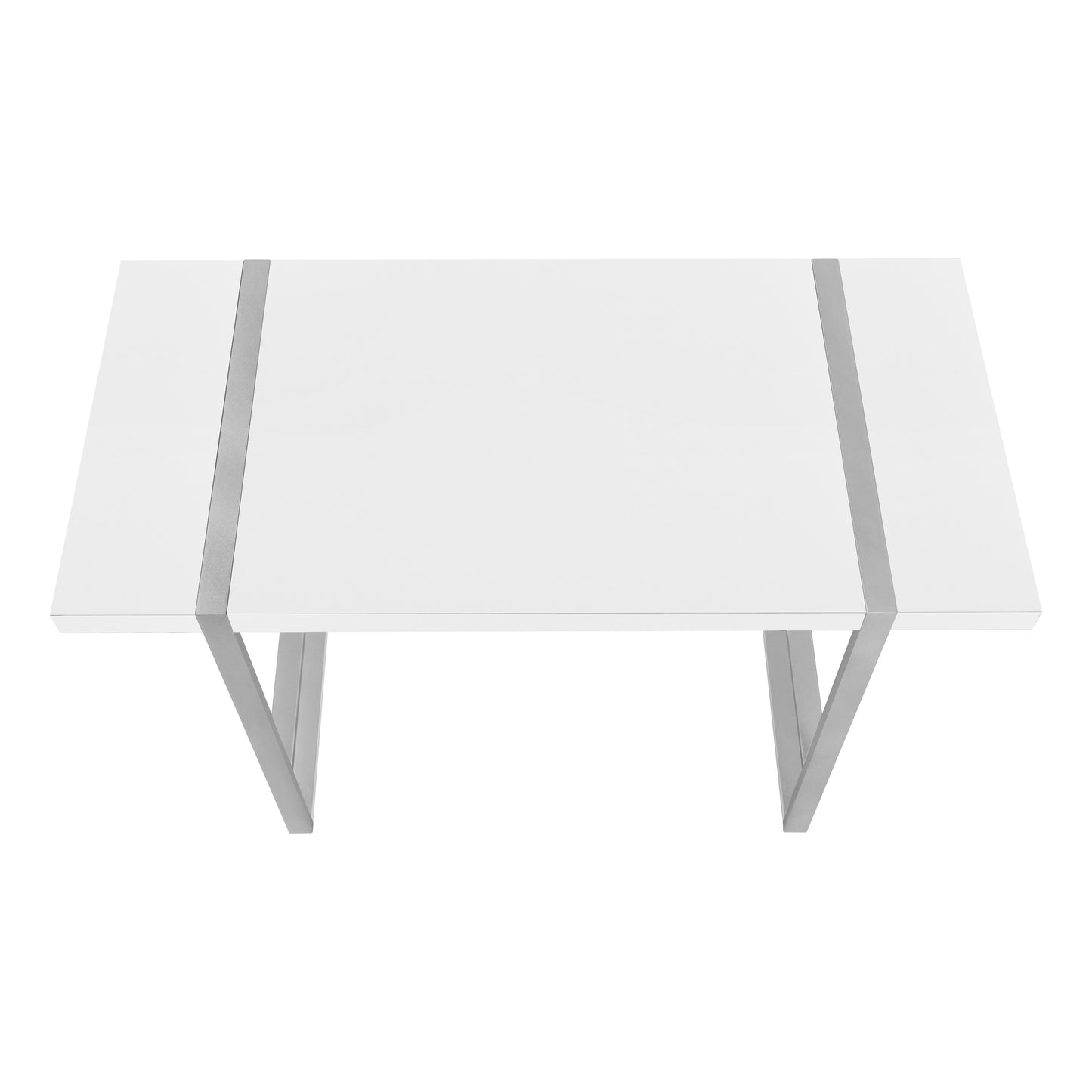 Modern white dining table with a sleek metal frame and silver accents