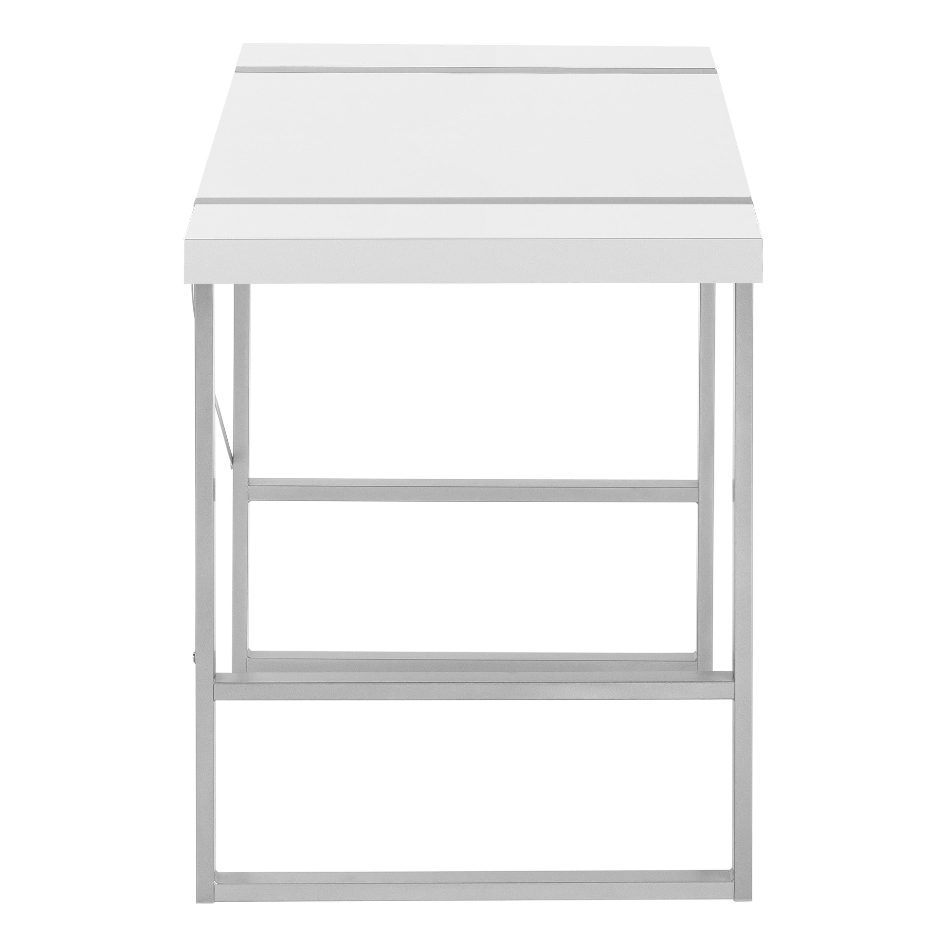 Modern white writing desk with silver metal legs and two shelves