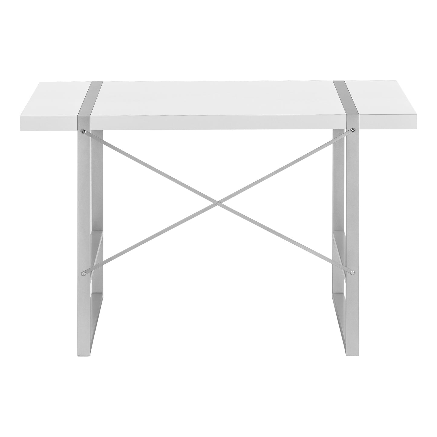 White modern desk with a minimalist silver metal frame and crossbrace support