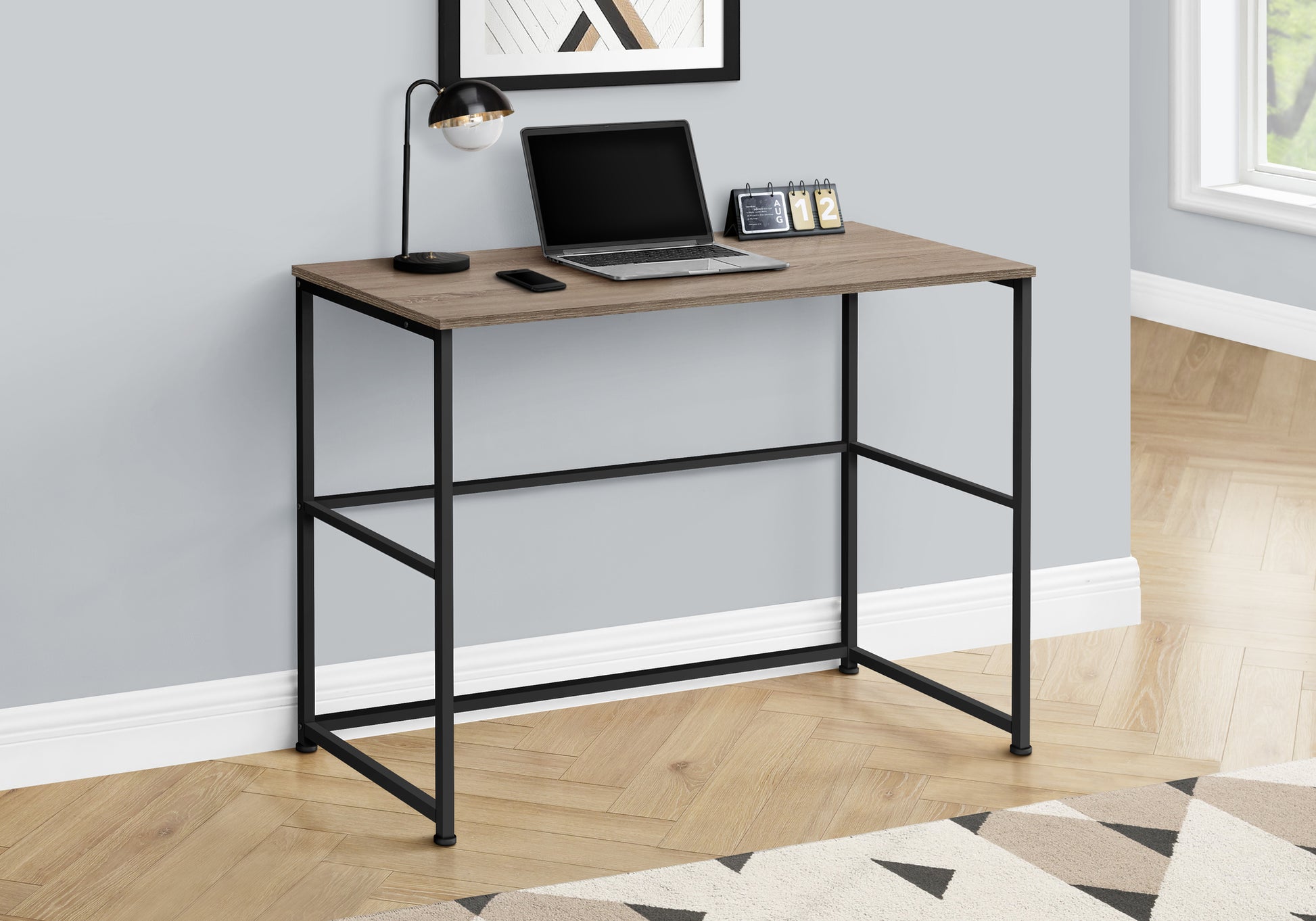 Minimalist oak veneer computer desk with black metal frame perfect for small spaces