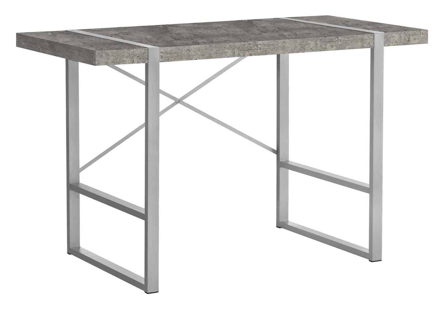 Concretelook countertop console table with silver metal legs and crossbrace support