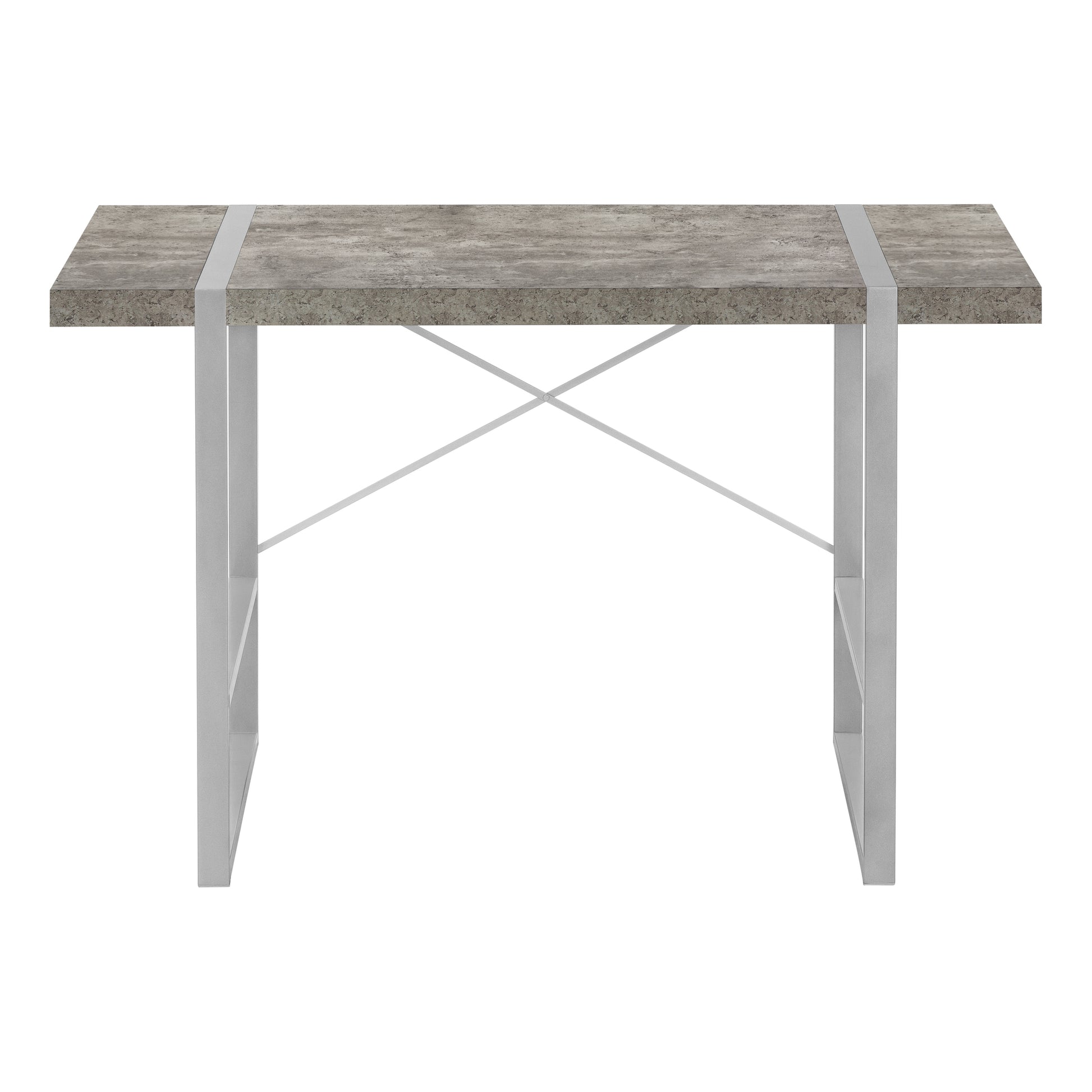 Modern grey concretelook desk with silver metal legs and crossbar support
