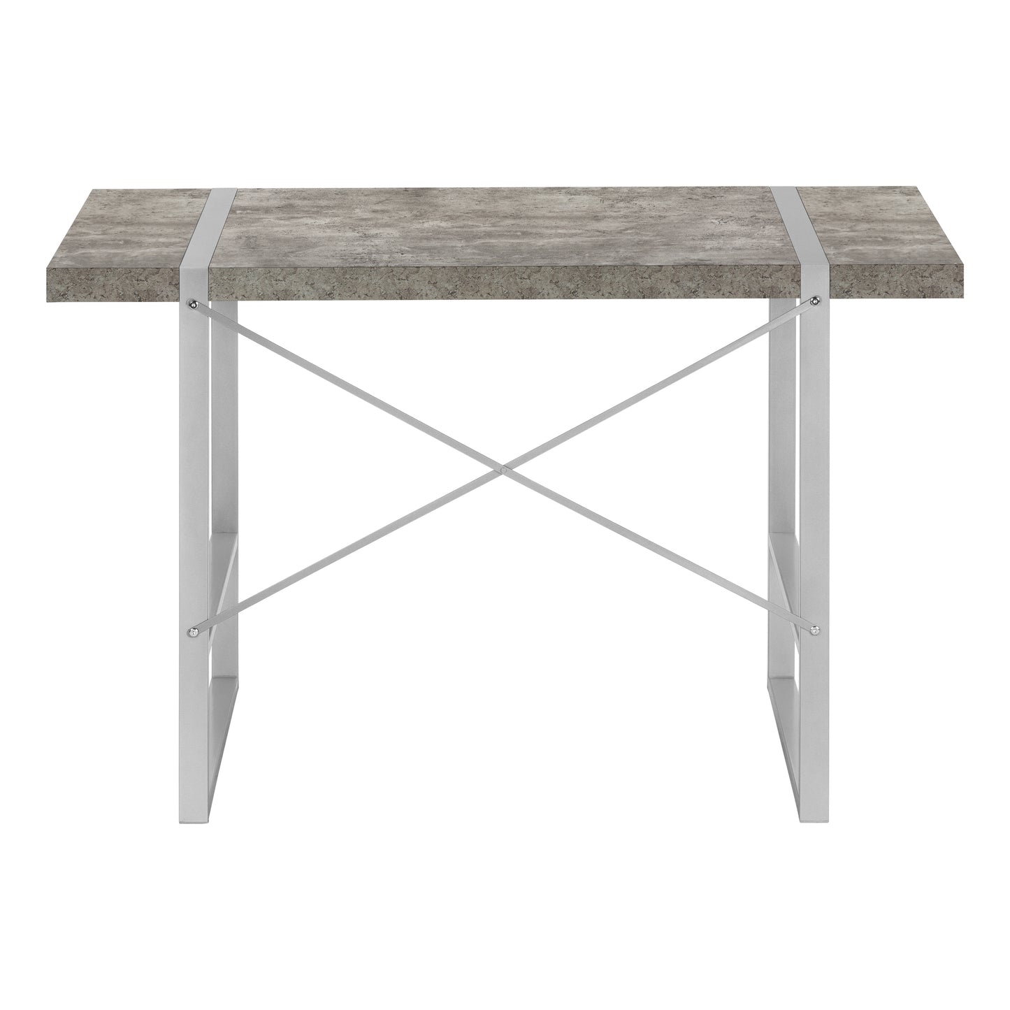 Modern industrial desk with faux concrete top and silver metal frame ideal for home office setups