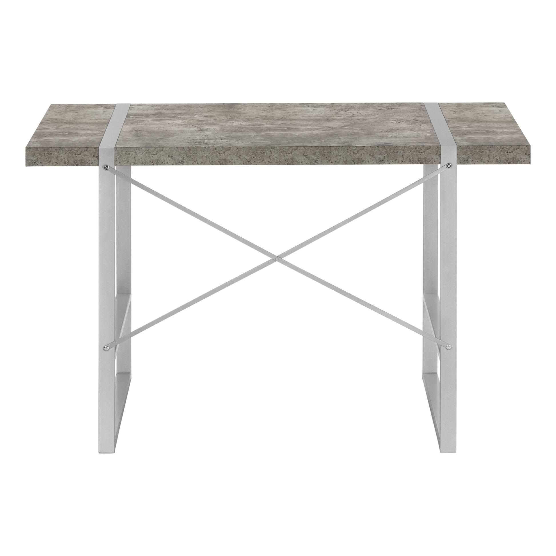 Modern industrial desk with faux concrete top and silver metal frame ideal for home office setups