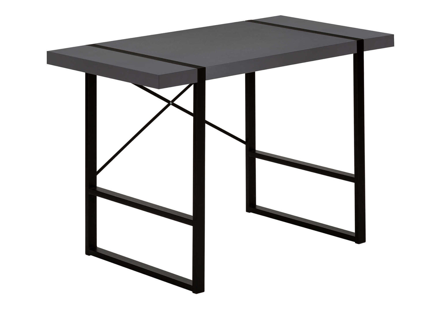 Modern grey metal desk with sleek black frame ideal for home office setup
