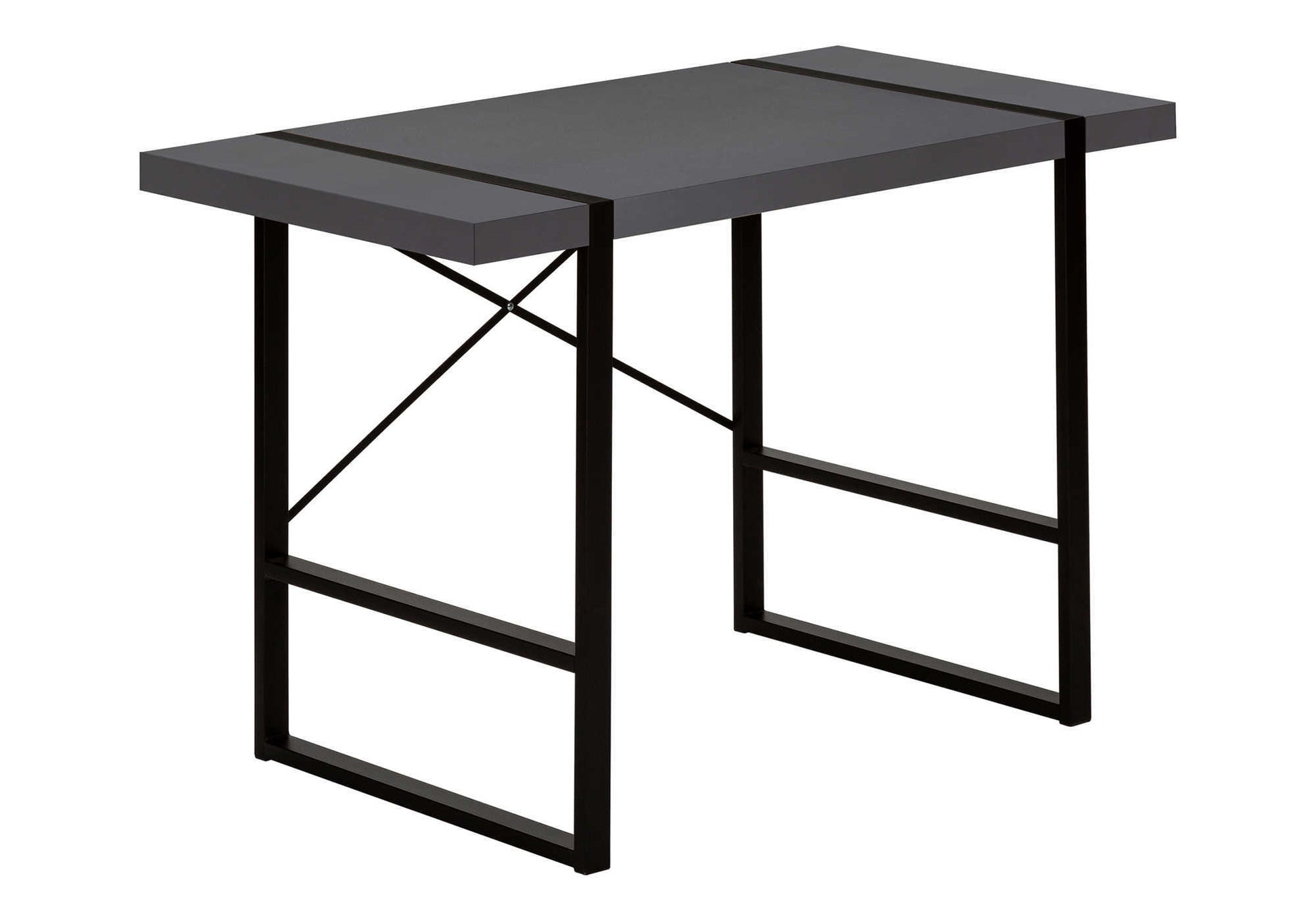 Modern grey metal desk with sleek black frame ideal for home office setup
