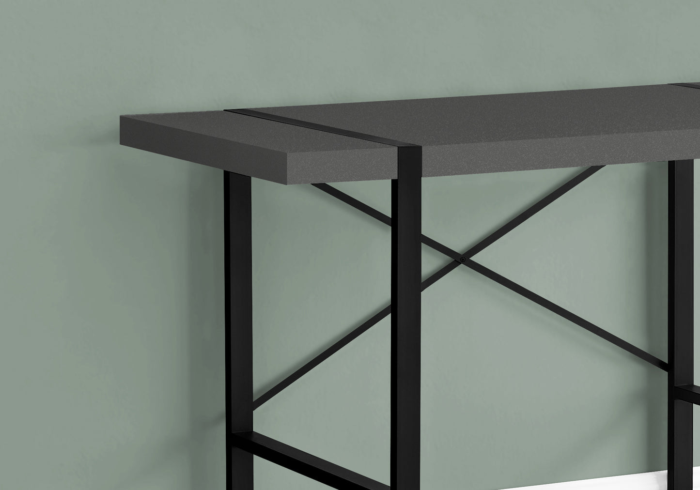 Gray particleboard top console table with black metal frame and Xbraces