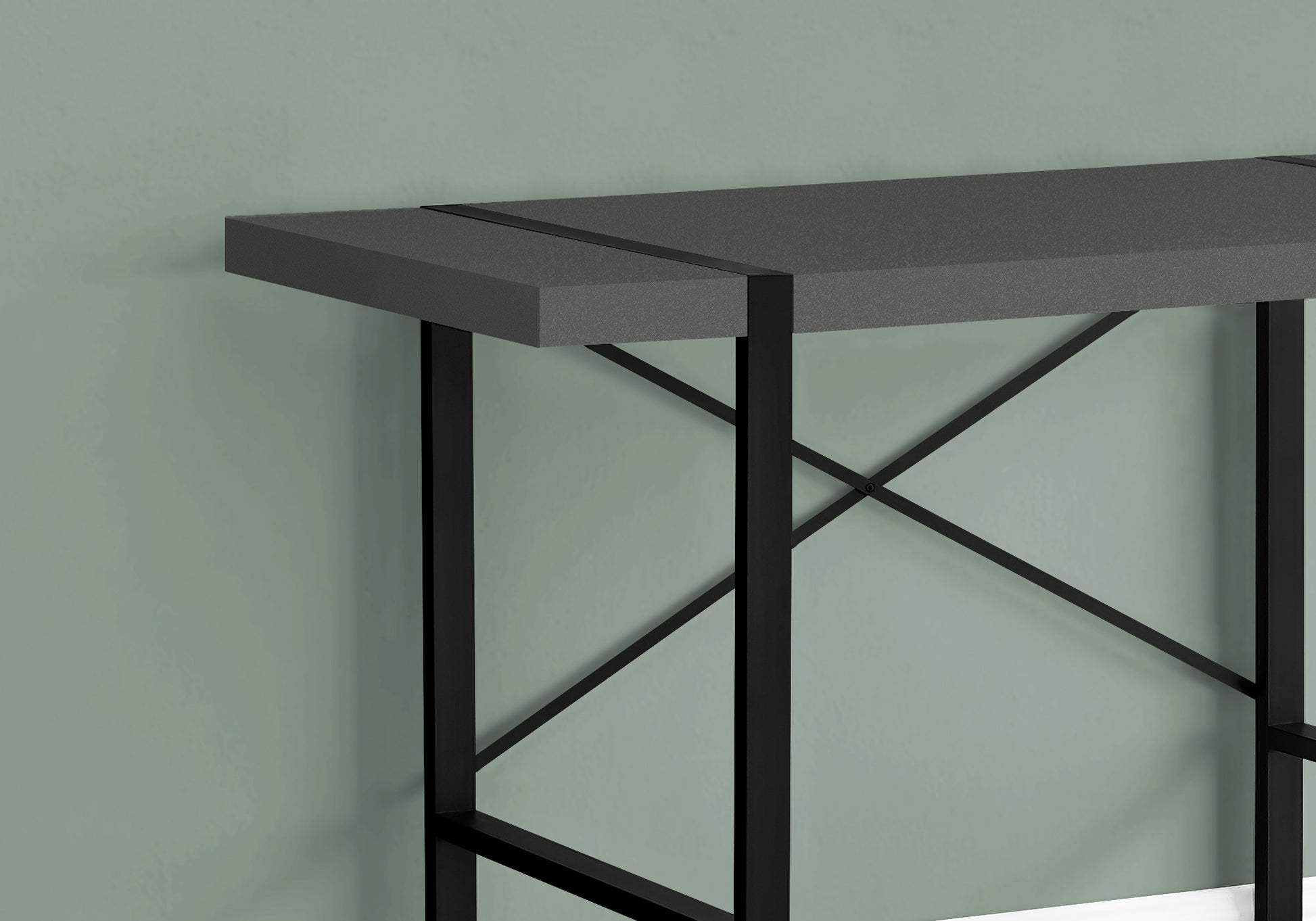 Gray particleboard top console table with black metal frame and Xbraces