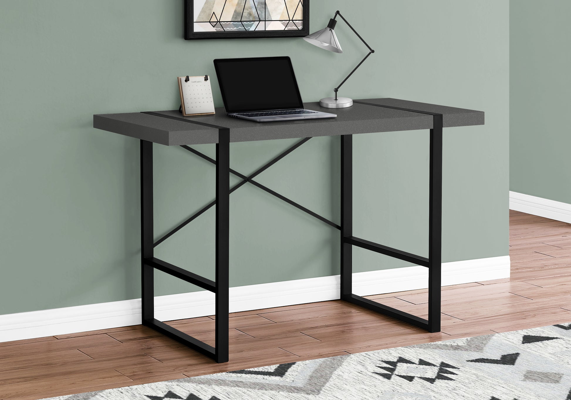 Sleek grey modern desk with black metal frame ideal for small home offices