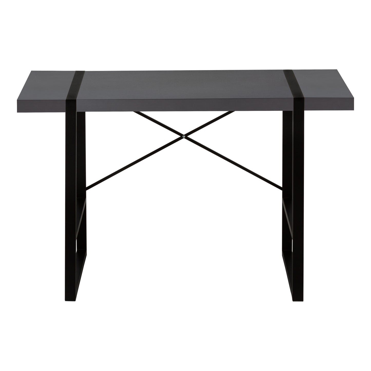 Modern grey desk with black metal legs and crisscross support