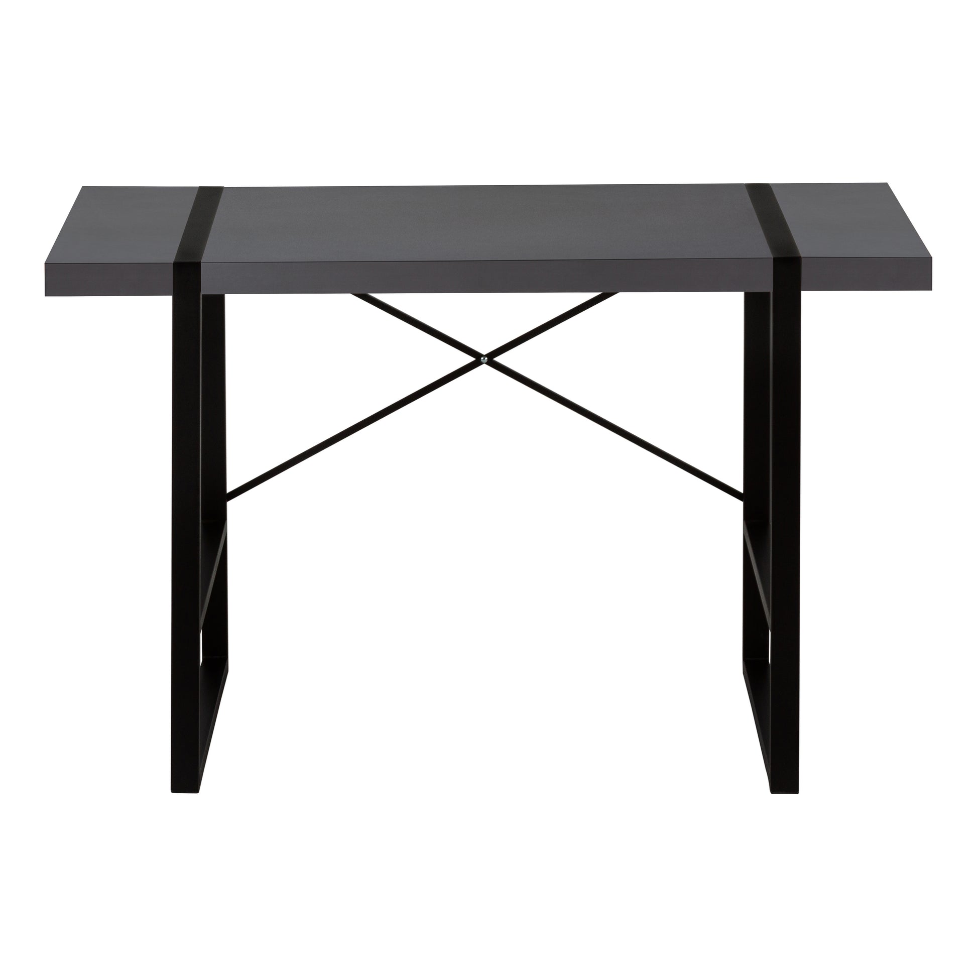 Modern grey desk with black metal legs and crisscross support