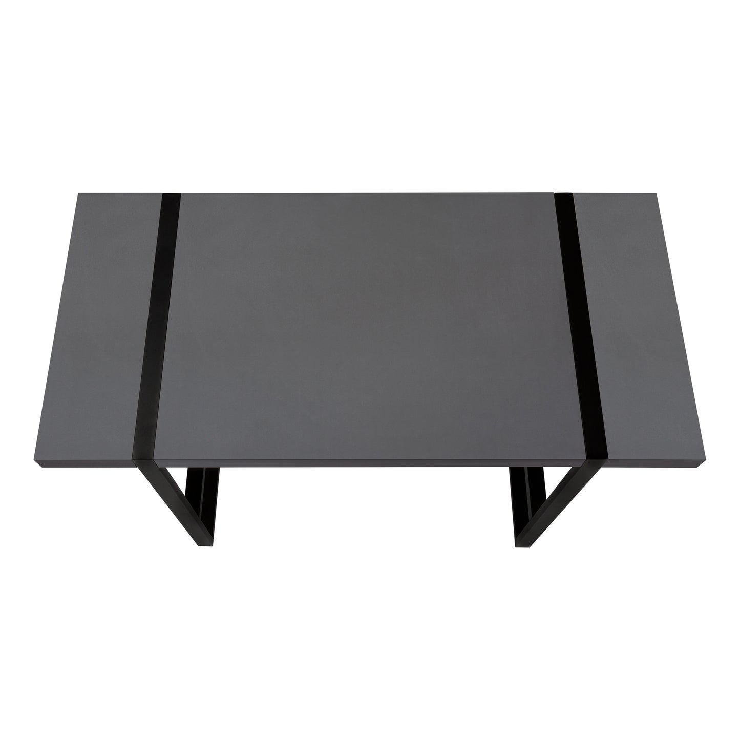 Modern grey rectangular dining table with black metal legs and accents