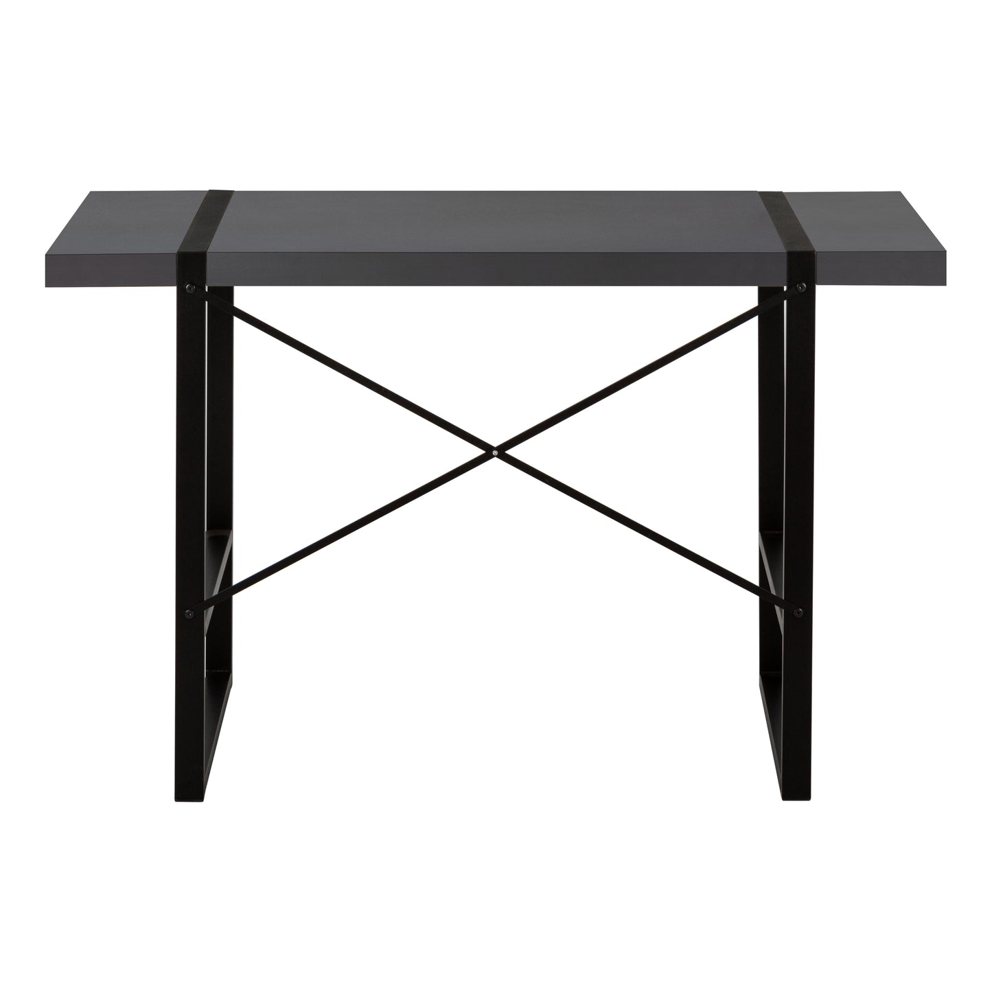 Modern gray writing desk with black metal frame and crossbrace support